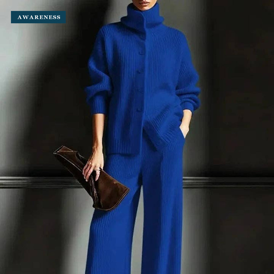 Women’s Turtleneck Knit Set with Cardigan and Wide-Leg Pants — Lifestyle — AWARENESS