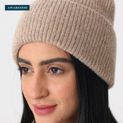 Women's Cozy Ribbed Knit Cuffed Winter Beanie — Close-up — AWARENESS