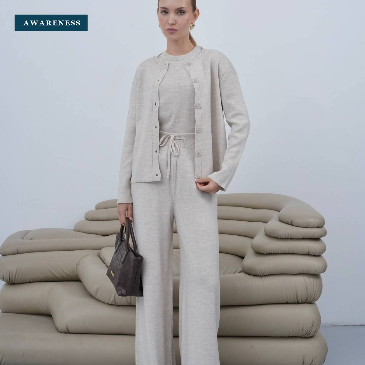3-Piece Knit Set Cardigan Blouse Pants Matching Knitwear — Lifestyle — AWARENESS