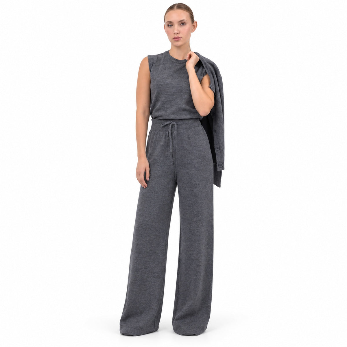 3-Piece Knit Set Cardigan Blouse Pants Matching Knitwear — Main — AWARENESS