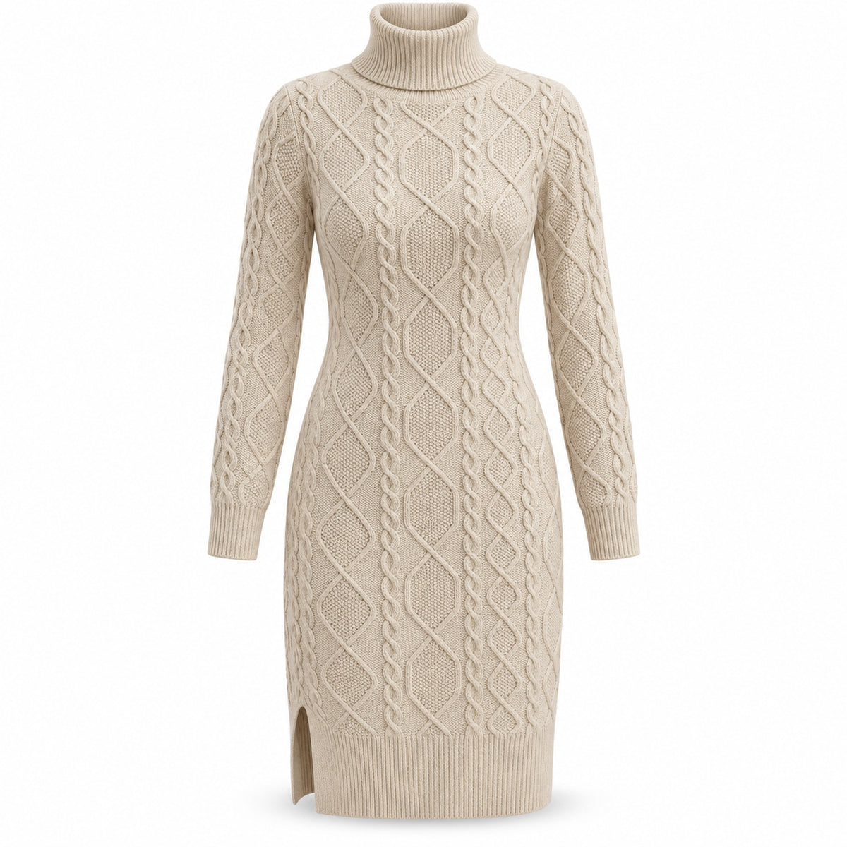 Cable Knit Turtleneck Sweater Dress — Main — AWARENESS