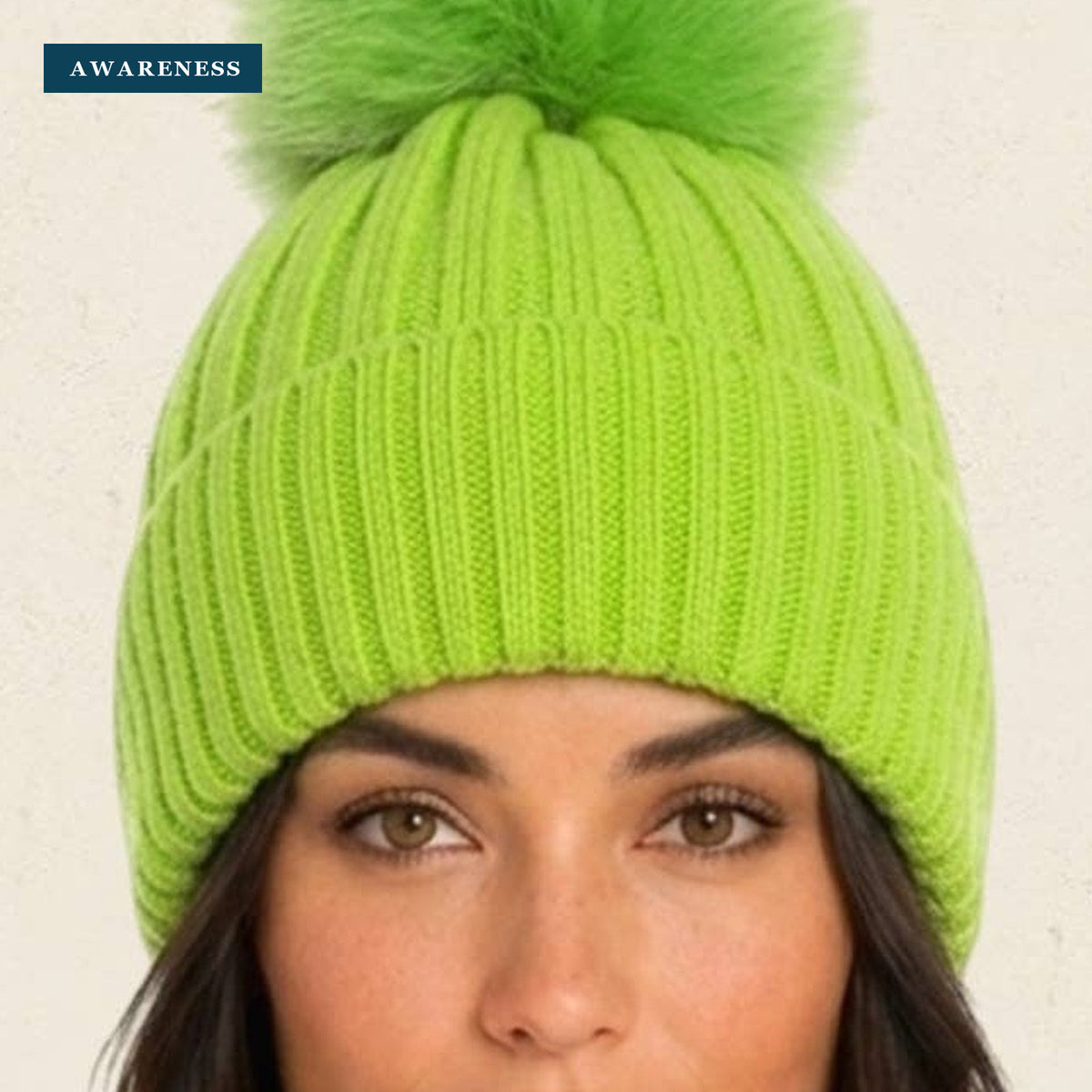 Oversized Pom Pom Ribbed Winter Beanie Hat — Close-up — AWARENESS